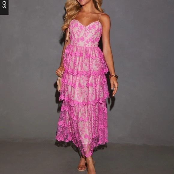 Endless Rose Dresses & Skirts - Endless Rose Hot Pink Lace Tiered Spaghetti Strap Maxi Dress